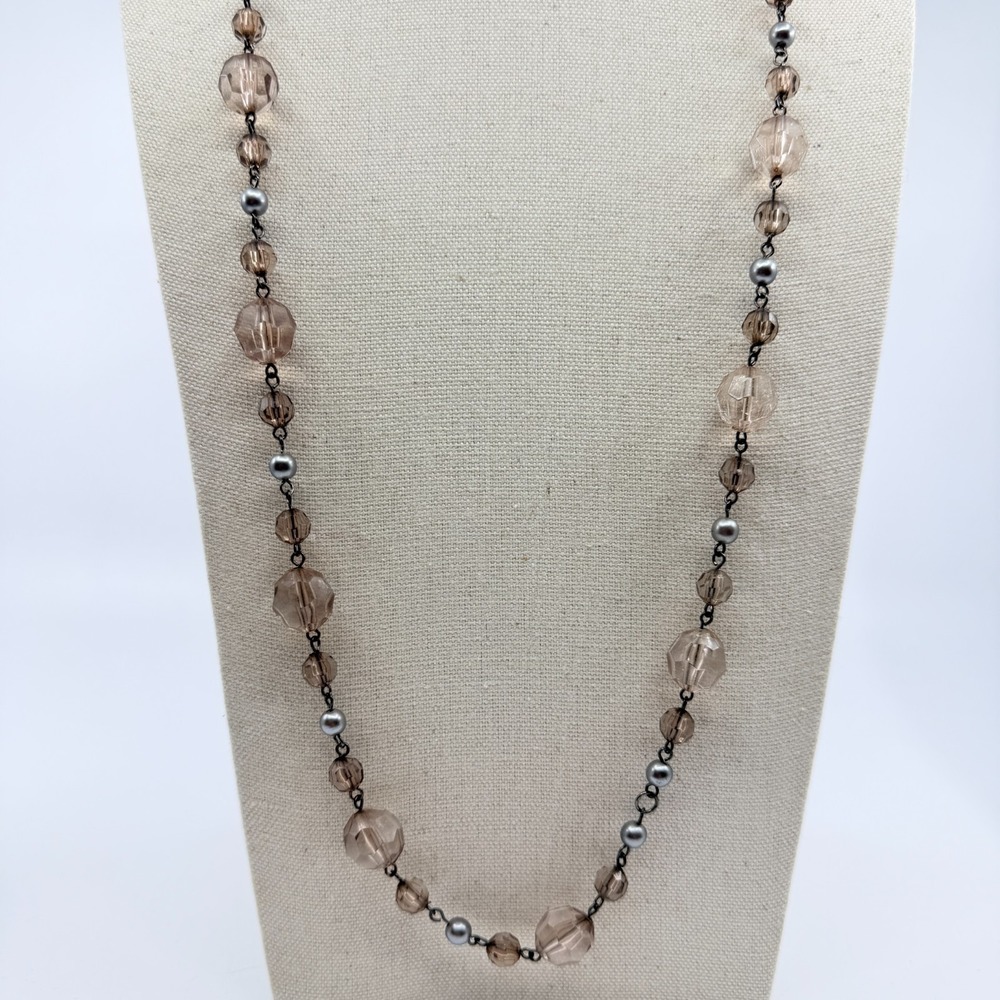 Vintage Y2K Smoky Brown Crystal Bead & Grey Faux Pearl Long Necklace